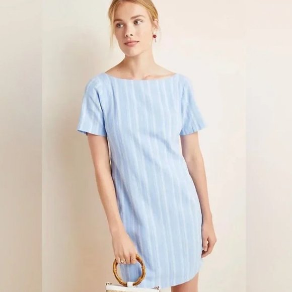 By Anthropologie Cape May Blue Stripe Linen Dress - Sz. 12 - Picture 1 of 6
